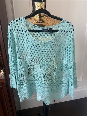 Daytrip Crochet Open-Knit Scoop Neck Sweater in Light Aqua